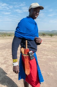 The waistbelt of a modern Maasai warrior/ranger includes a wooden club, a machete, and a cellphone. Enashiva reserve, Tanzania.