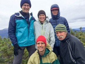 Celebrating Lelia's 48th NH 4000-footer on Middle Carter mountain with the Presidential Range beind; with David, Lelia, Will, Lars, and Bill.
