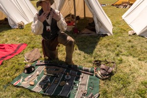 A re-enactor shows us the typical 'kit' for a frontier beaver hunter.